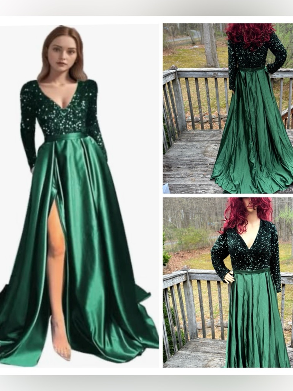 Green Long Sleeve Satin Sequin Maxi Gown Dress Size 20 Prom Mother of the Bride